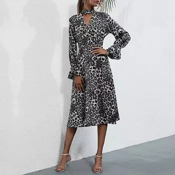 Темперамент и элегантность Верхняя одежда Осенне-зимняя мода Женские платья с леопардовым принтом Длинные рукава Ажурные платья с высоким воротом S серый