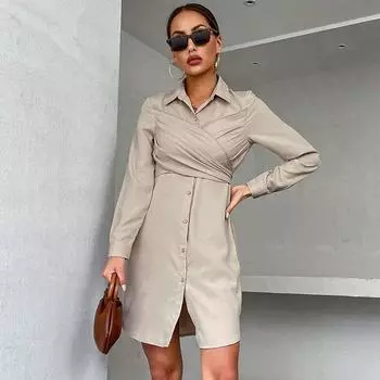 Темперамент и элегантность Верхняя одежда Ранняя осень Женские платья-рубашки с лацканами Однотонные платья-рубашки с длинными рукавами во французском стиле S хаки