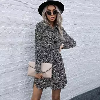 Темперамент и элегантность Верхняя одежда Ранняя осень Французское платье-рубашка Однотонные платья с лацканами и леопардовым принтом с длинными рукавами M чёрный