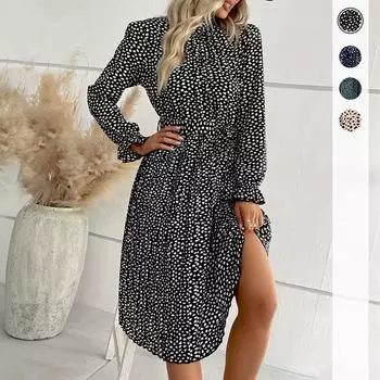 Темперамент и элегантность Верхняя одежда Весна и Осень Многоцветные женские плиссированные принтованные платья с длинными рукавами для женщин S темно-синий