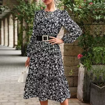 Темперамент и элегантность Верхняя одежда Женские черные платья с длинными рукавами и цветочным принтом Осень и зима S чёрный