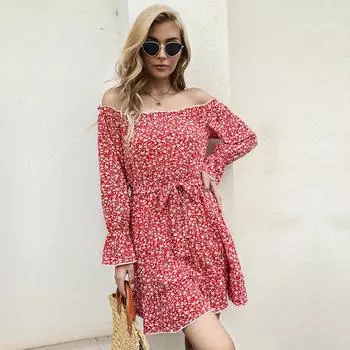 Темперамент и элегантность Верхняя одежда Женские платья с цветочным принтом и длинными рукавами без бретелек на одно плечо S бордовый