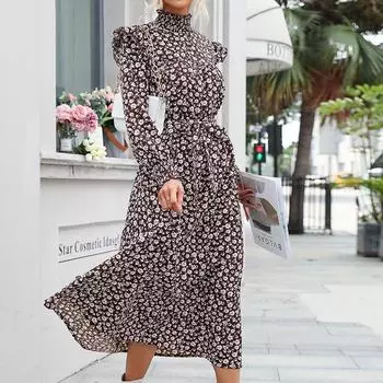 Темперамент и элегантность верхняя одежда мода женская весна высокая горловина длинный рукав принт длинные платья для женщин S