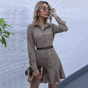 Темперамент и элегантность верхняя одежда мода женские принтованные лацканы леопардовый принт длинные рукава рубашки платья M белый