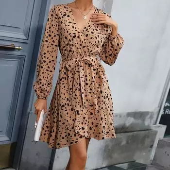 Темперамент и элегантность верхняя одежда мода женские длинные рукава V-образный вырез шнуровка леопардовый принт нижнее платье женщины S хаки