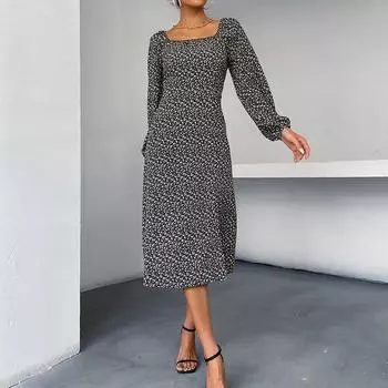 Темперамент и элегантность верхняя одежда мода женские длинные рукава цветочные квадратный вырез французское платье женщины осень S чёрный