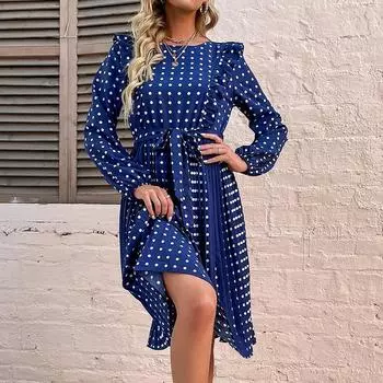 Темперамент и элегантность верхняя одежда мода женские оборки с длинным рукавом горошек осенние и зимние платья для женщин S темно-синий