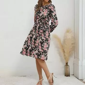 Темперамент и элегантность верхняя одежда мода женские шнуровка принт плиссированные короткие рукава длинный рукав платье осень S чёрный