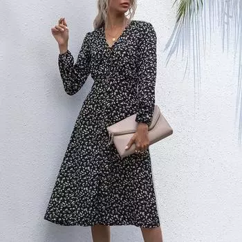 Темперамент и элегантность верхняя одежда мода женские черные галстуки разрез длинные рукава цветочные платья S чёрный