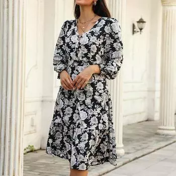 Темперамент и элегантность верхняя одежда мода женские принтованные длинные рукава платья осень и зима S чёрный