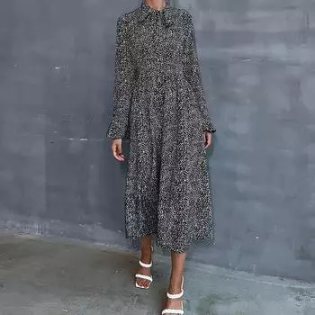 Темперамент и элегантность верхняя одежда мода женские длинные рукава черные принтованные осенние и зимние длинные юбки платья S чёрный