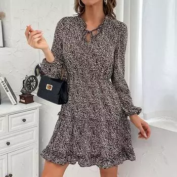 Темперамент и элегантность верхняя одежда мода женские длинные рукава деревянные серьги напечатанный низ платье женские осень S