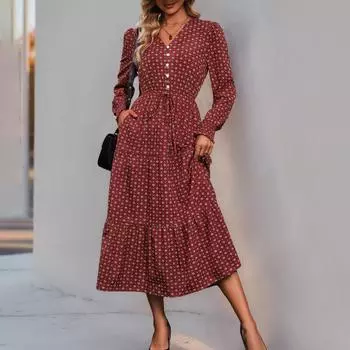 Темперамент и элегантность верхняя одежда модные женские длинные рукава принтованные осенние платья S бордовый
