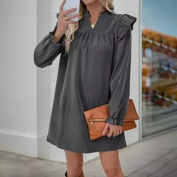 Темперамент и элегантность верхняя одежда однотонный цвет оборки длинный рукав свободный стоячий воротник платье для женщин S темно-серого