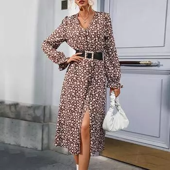 Темперамент и элегантность верхняя одежда осень и зима женское цветочное тонкое открытое длинное платье для женщин S