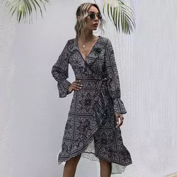 Темперамент и элегантность верхняя одежда осень и зима принтованный рюш асимметричный цельный длинный рукав платье для женщин S белый