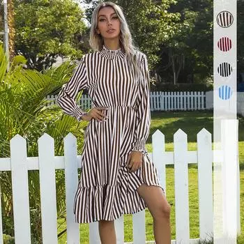 Темперамент и элегантность верхняя одежда осень и зима ретро женское полосатое платье с длинными рукавами и высоким воротом в моделях средней длины S бордовый