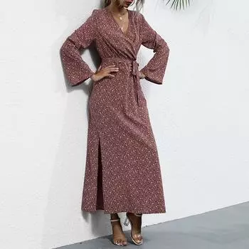 Темперамент и элегантность верхняя одежда осень и зима винтажные женские платья с разрезом и длинным рукавом с принтом на талии S бордовый