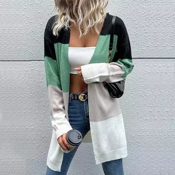 Темперамент и элегантность верхняя одежда осень и зима повседневный женский длинный кардиган свитер с цветными блоками S зелёный