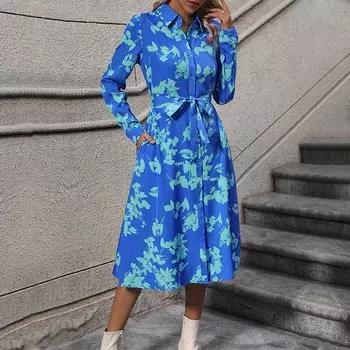 Темперамент и элегантность верхняя одежда осень женские длинные рукава лацканы принтованные платья S синий
