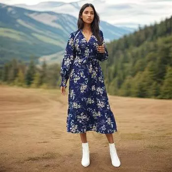 Темперамент и элегантность верхняя одежда осень женские платья с длинным рукавом с цветочным принтом S темно-синий