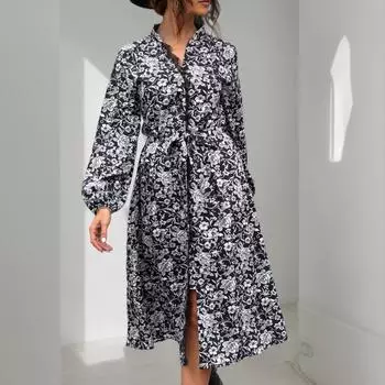 Темперамент и элегантность верхняя одежда осень женские длинные рукава принтованные стоячий воротник платья S чёрный