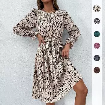 Темперамент и элегантность верхняя одежда осенние многоцветные женские платья с круглым вырезом и длинным рукавом с леопардовым принтом S темно-зеленого
