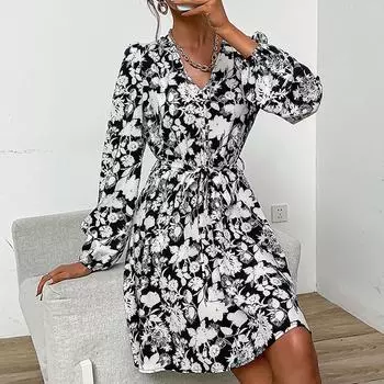 Темперамент и элегантность верхняя одежда осенние женские платья с V-образным вырезом и длинными рукавами с цветочным принтом S чёрный