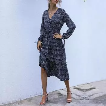 Темперамент и элегантность верхняя одежда ретро женское принтованное платье с V-образным вырезом на шнуровке с длинными рукавами облегающее платье осень и зима XL жёлтый