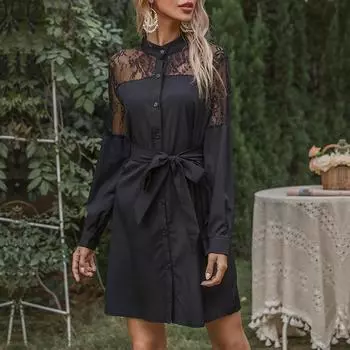 Темперамент и элегантность верхняя одежда винтаж ранняя осень женское черное кружевное платье с длинными рукавами для женщин S чёрный