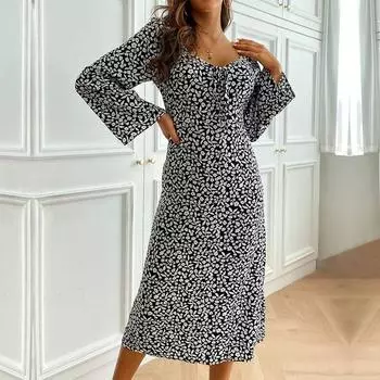 Темперамент и элегантность верхняя одежда винтажное женское платье с открытой спиной и длинным рукавом с принтом средняя длина S чёрный