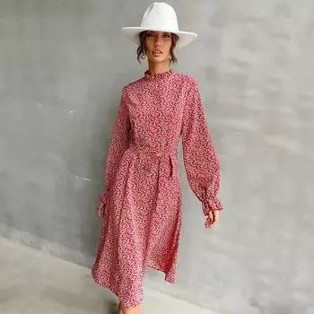 Темперамент и элегантность верхняя одежда женские длинные рукава полувысокий ворот принтованные тонкие платья S бордовый