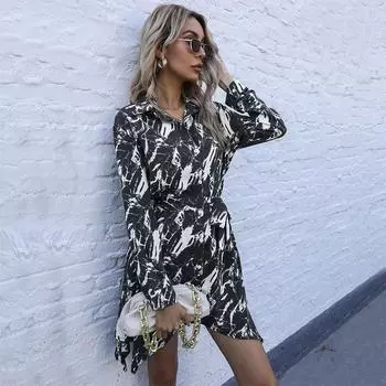 Темперамент и элегантность верхняя одежда женские лацканы тай-дай принт винтажные рубашки с длинным рукавом платья S темно-синий