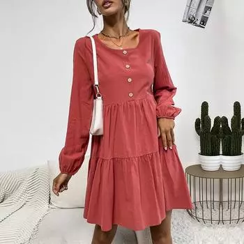 Темперамент и элегантность верхняя одежда женское плиссированное свободное платье с длинным рукавом из хлопка и льна красного цвета S красное дерево