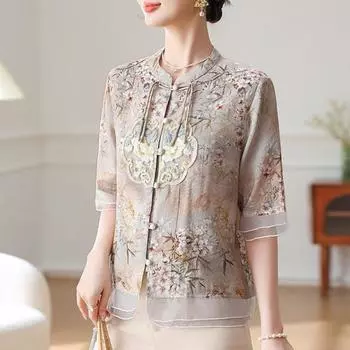 Темперамент китайский стиль лето женская принт стоячая горловина лягушка вышивка место пэчворк короткий рукав приталенный топ рубашка XXXXXL жёлтый