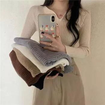 Temperament Knit Shirt Female Autumn Student Top New Design Sense of Niche Short Slim-fit V-neck Base Shirt One size
