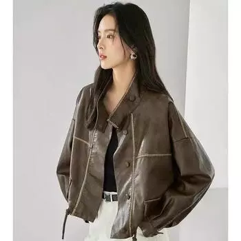 Temperament короткий плащ с воротником-стойкой для женщин, осенняя новинка на шнурке, высококачественная пригородная кожаная куртка M(80-110) хаки