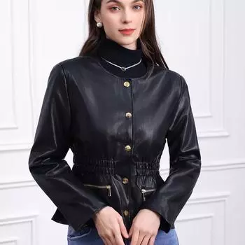 Temperament кожаная куртка женская тонкая новинка 2024 года осень-зима легкая роскошная кожаная куртка поясная куртка S чёрный