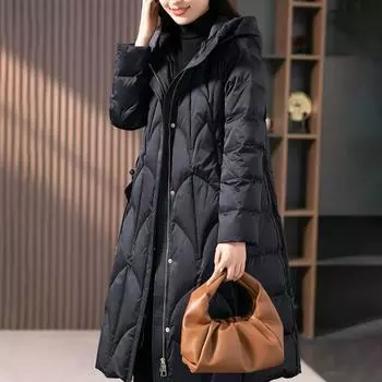 Temperament куртка с капюшоном из белого утиного пуха женская зимняя 2024 новая модная облегающая средняя и длинная теплая куртка S чёрный