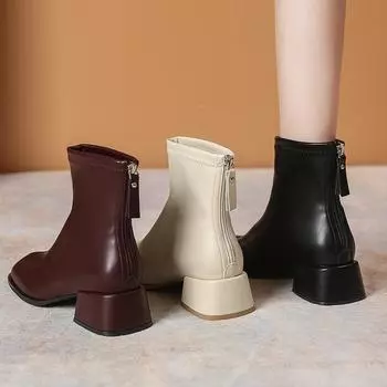 Temperament квадратный носок молния сбоку толстый каблук короткие сапоги женские 2024 осень и зима новый универсальный стираный узор ретро мода 34 чёрный