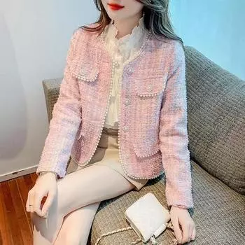 Temperament Ladies Pink Small Fragrance Jacket Женская одежда на весну и осень Маленький топ из французского твида высокого качества XS жёлтый