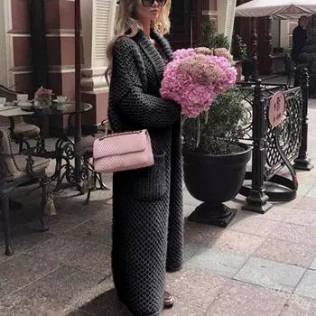 Temperament Lapel Вязаный кардиган Collage Solid Color Длинный женский вязаный свитер S