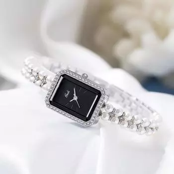 Темперамент Легкие Роскошные Модные Женские Часы Ежедневные Жемчужный Браслет Стразы Квадратный Циферблат Компактные Кварцевые Часы Женские