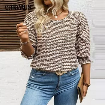 Темперамент Легкий зрелый ветер Фонари рукава Плюс Размер Круглый вырез Рубашка Женский пуловер Топы 1XL