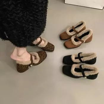 Temperament leopard print thick heel single shoes women s velvet 2025 new fairy fluffy shoes retro Mary Jane shoes 35 чёрный
