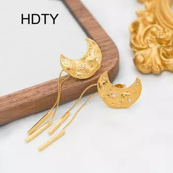 Temperament light luxury personalized design moon inlaid zircon fringed earrings titanium steel plated 18k gold niche earrings золотой