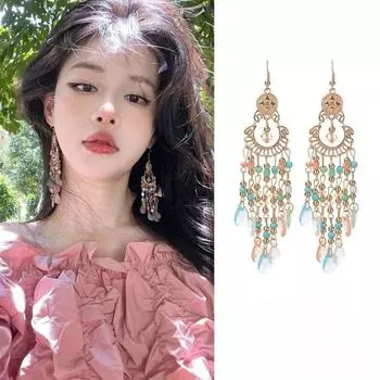 Temperament Long Tassel Earrings Fashion Rice Beaded Earring Studs Bohemian Earring Hook Women style 4