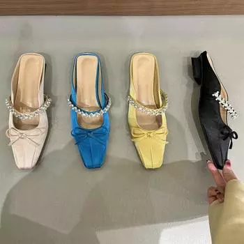 Темперамент маленькая квадратная голова фея ветер и вода алмаз слово со светом рот мешок голова полутапочки толстый каблук бант полуперетаскивание одиночные туфли 35 жёлтый
