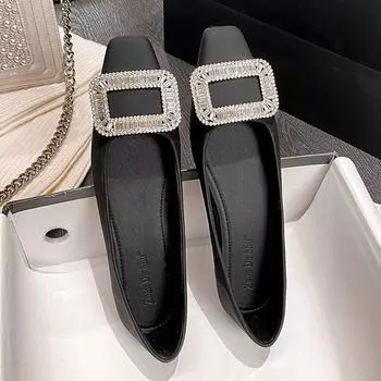 Темперамент маленький ароматный ветер квадратная голова неглубокий горловина одиночные туфли женские плоская подошва стразы квадратная пряжка универсальная мягкая подошва леди даже 35 абрикосовый