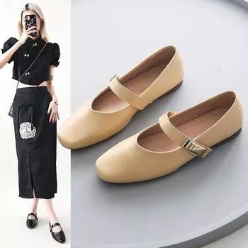 Temperament Mary Jane Shoes Женские летние туфли с мелким горлом A Word на плоской подошве Модные и удобные 35 хаки